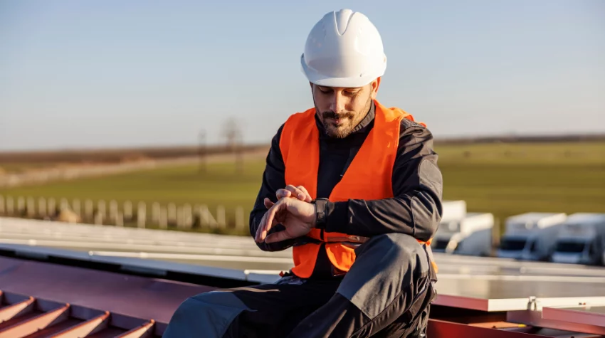 Der Arbeiter sitzt mit Solarpaneelen auf dem Dach und schaut auf die Armbanduhr. © Adobe Stock, dusanpetkovic1