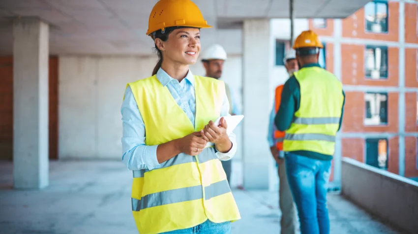 Bauingenieurin nutzt digitales Tablet auf der Baustelle. © Adobe Stock, Dragana Gordic